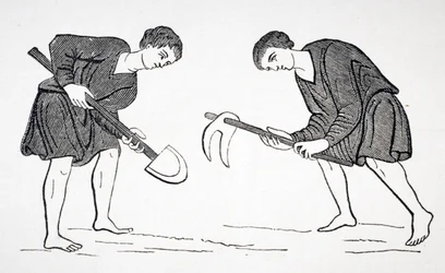 Serfs travaillant dans les champs avec une houe et une bêche, d